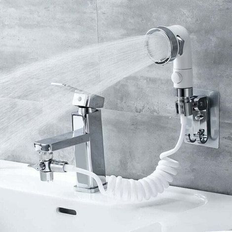 Kit de Douchette Lavabo Cuvette, Trois Jets Disponibles Pommeau de Douche de Robinet avec 1.5m de Tuyau Télescopique, Pratique pour le Salle de bain et la Cusine (Robinet pas Inclu),de (1/4)