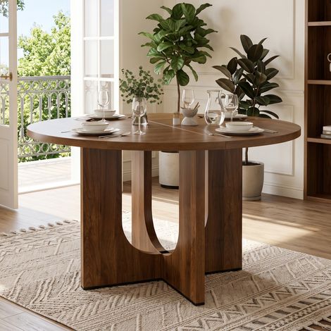 Table ronde 120 cm pour 4 à 6 personnes, style scandinave, structure stable pour salle à manger, MDF couleur - noyer (1/5)