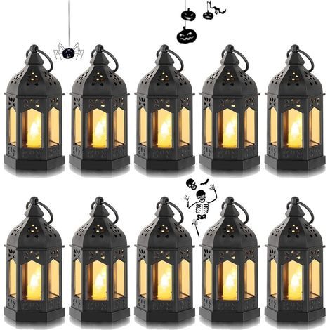 Mini Lanterne LED Exterieur - Lot de 10 Lanterne Bougie Noir Decorative Bougeoir pour Halloween, Ramadan, Mariage, Noel, Decoration de Table, Piles Incluses (1/4)