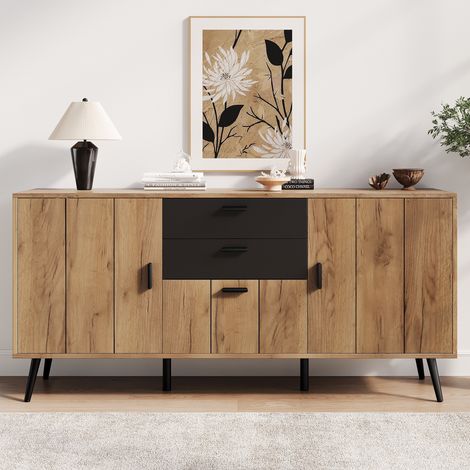 Buffet Bois de Rangement avec 3 Portes et 2 Tiroirs, Commode Salon Design - meuble de salon, Grand Meuble de Rangement Chic, 140x35x67 cm (1/5)