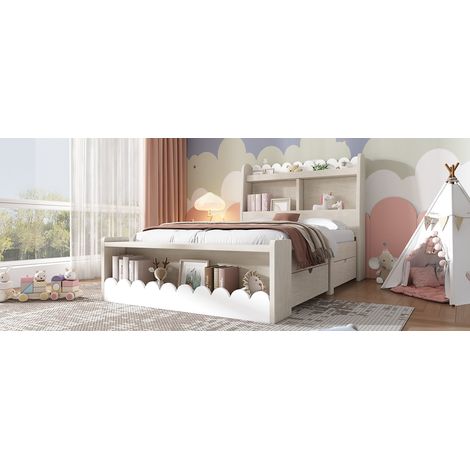 Cama Individual con Cajones, Estante y Banco de Asiento - 90x190cm, Blanco y Roble (1/5)