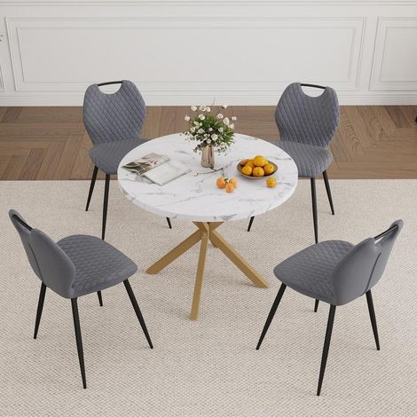 5-teiliges Esstisch-Set mit rundem 100cm Tisch und 4 gepolsterten Stühlen (Marmor/Gold + Grau) (1/5)