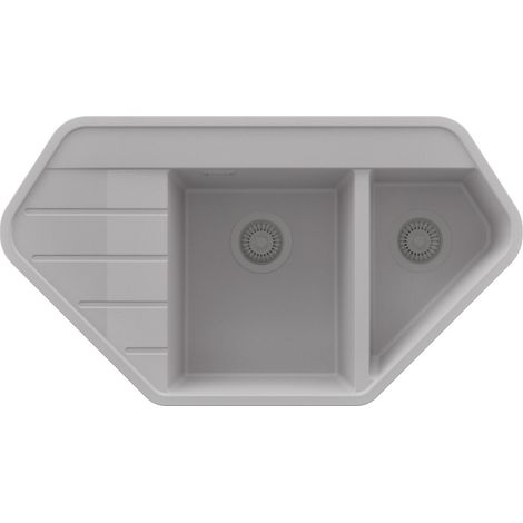 PRIMAGRAN Evier d'angle en Granit 90x50cm,Lavabo Cuisine 1,5 bacs + Kit de Vidage, Évier à Encastrer au meuble 70cm - Copenhague Corner, Gris (1/5)