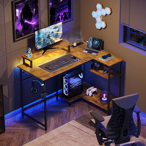 L-förmiger Gaming-Eckschreibtisch, 110x80 cm, mit RGB-Licht und Steckdosen, inklusive Monitorhalter, Haken und Ablage, nutzbar für Homeoffice, Vintagebraun (1/5)