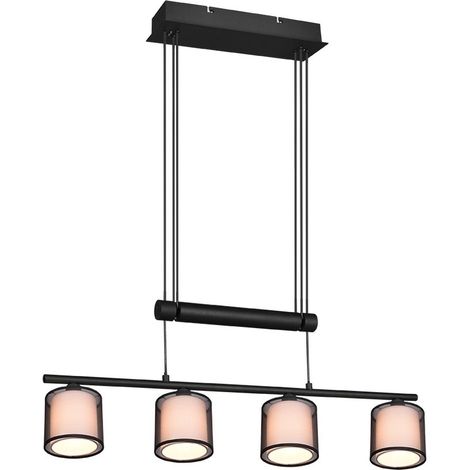 BURTON SOSPENSIONE METALLO NERO 4 PARALUMI BIANCHI E DIFFUSORI ESTERNI TRAFORATI NERI CON SISTEMA DI REGOLAZIONE ALTEZZA A BILANCERE L. 82,5CM ATTACCO E14 (1/5)