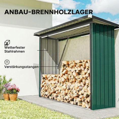Holzschuppen, Brennholzlager, Stahl, erhöhter Boden, Satteldach, 213 x 66,5 x 150 cm, grün (1/5)