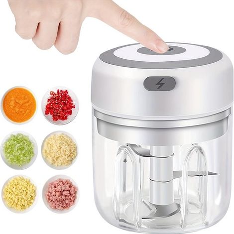 Cortador de ajos eléctrico,Cortador de ajos inalámbrico,Picadora de alimentos,Blanco,8,5 x 8,5 x 13 cm,250 ml,30 W (1/5)
