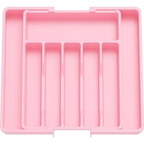 Range Couverts, Plateau d'Ustensiles Extensible pour Tiroir, Organisateur de Tiroir Réglable pour la Cuisine, Rangement Compact en Plastique pour Cuillères, Fourchettes, Rose (1/5)