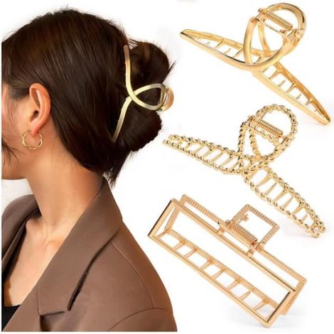 Pinces à cheveux - Tendance - Lot de 3 - Métal doré - Antidérapantes - Pour cheveux longs et épais