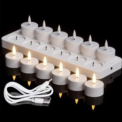 Velas de té recargables, 12 velas sin llama con mecha 3D a pilas, con estación de carga para decoración de Halloween/Navidad (4 x 4,7 cm)