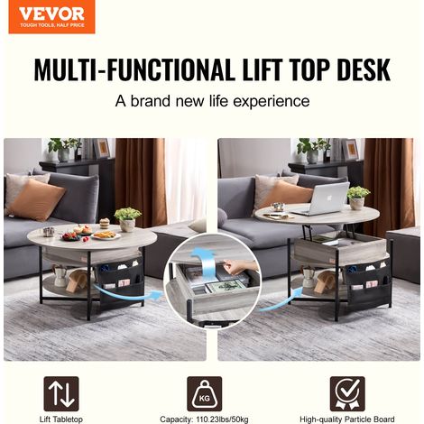 Table basse avec plateau relevable, 900 x 900 x 510 mm, table basse de salon ronde avec poches de rangement supplémentaires, capacité de 50 kg, table basse pop-up pour le salon, gris foncé (1/5)