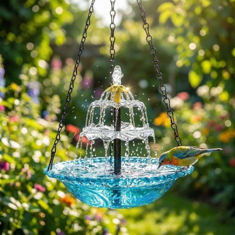 Fontaine Solaire,Fontaine Solaire Oiseaux,Abreuvoir Suspendu pour Oiseaux avec Cascade de Fontaine Solaire,Abreuvoir Suspendu pour Colibris avec Pompe Solaire,Eau Suspendue,Attire Les Colibri (Bleu) (1/5)