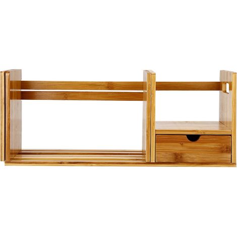 Étagère de bureau en bambou ajustable avec tiroir, rangement extensible 51-80,5cm pour livres et plantes, design compact idéal maison (1/5)