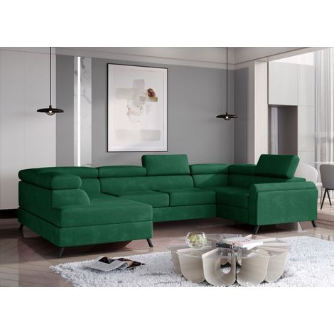 Canapé panoramique convertible SKADA velours – Rangement et appuis-têtes réglables à gauche-Vert foncé-Coffre à gauche (1/5)