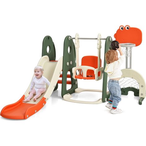 6 in 1 Kids Slide and Swing Set for 3-8 Years Old Kids Basketball Soccer Golf Playground Dinosaur Shape Indoor Outdoor (Orange Green) (1/5)