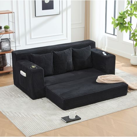 Sofá modular de 3 plazas en tejido tipo pana negro con portavasos y bolsillos laterales (1/5)