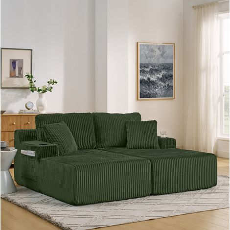 Canapé relax convertible 2 places vert en mousse avec poches latérales, porte-gobelet et coussins amovibles (1/5)