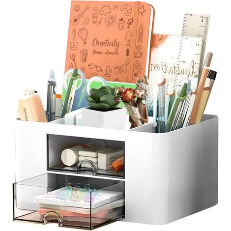 Organizzatore da scrivania a 5 scomparti – Portapenne con cassetti – Plastica di alta qualità – Salvaspazio per ufficio e casa