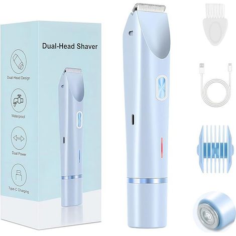 Rasoir électrique 2 en 1, double tête, rechargeable, tondeuse indolore, convient pour le maillot, le corps et le visage, bleu ciel. (1/5)