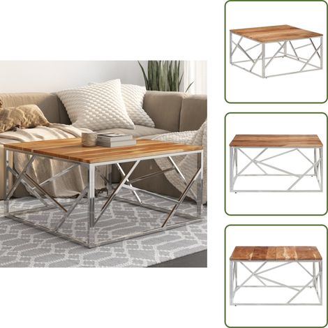 The Living Store Couchtisch Silbern Edelstahl und Massivholz Akazie - Esszimmertisch - Couchtisch - Wohnzimmertisch - Holztisch - Metalltisch (1/5)