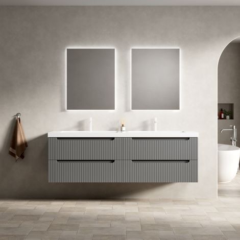 Meuble vasque suspendu 160 cm avec 2 vasques intégrées, 4 tiroirs, gris foncé (1/5)