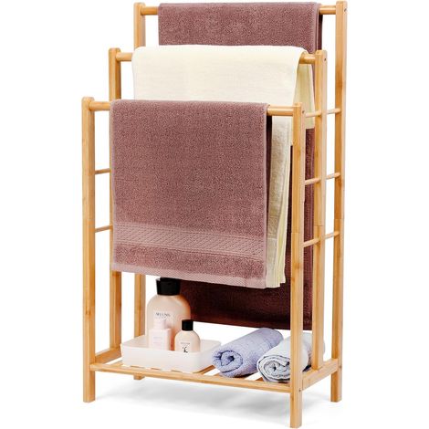 Porte-serviettes en bambou avec rangement, porte-serviettes autoportant, échelle à serviettes debout avec 3 barres, pour salle de bain, salon, peu encombrant (86 cm de haut) (1/5)
