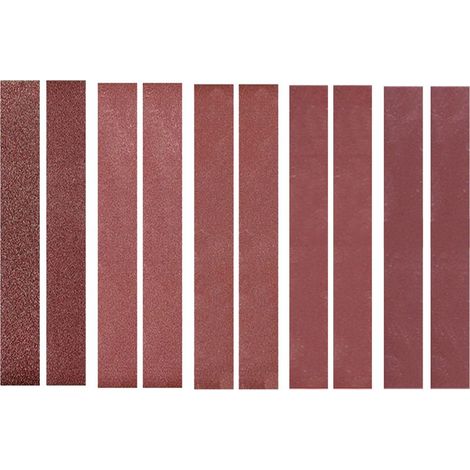 Bandes abrasives en alumine 30x330mm, paquet de 10 (2 bandes de chaque grain : 120, 240, 400, 800 et 1000) et papier de verre. (1/5)