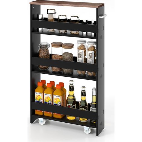 COSTWAY Carrito Estrecho con 4 Niveles de Cocina Empuñadura, 48 x 12,5 x 81cm, estantería con Ruedas Estrecha, Ahorra Espacio con Estantes Estrechos, Cocina, Baño, Despensa (Negro+Marrón)