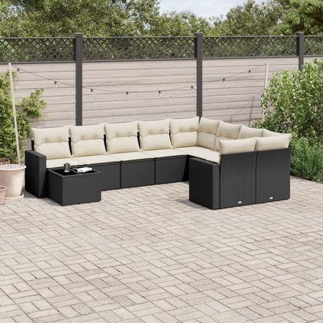 Salon de jardin 10 pcs en résine tressée noir avec coffres de rangement et coussins blanc crème - PANGIVO (1/3)