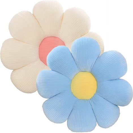 JSSEVN - Set of 2 floor cushions, 40cm, tatami flower shape, soft, petal-shaped, cute, for car, home, sofa, chair (blue + white) (1/5)
