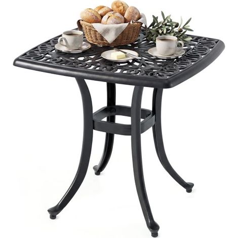 Table d’Appoint Carrée en Aluminium Fonte Anti-Rouille, Table de Jardin Imperméable avec Trou de Parasol Intégré, Pieds Réglables, Charge 120 kg pour Terrasse Balcon Extérieur (1/5)