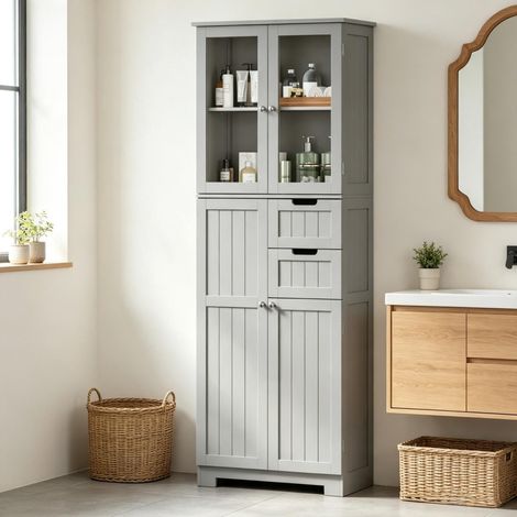 Mobiletto bagno alto con 4 ante, 2 cassetti e ripiani regolabili, grigio OKMYHOME (1/5)