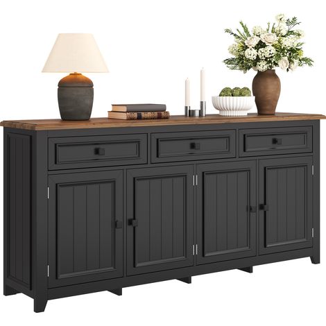 Credenza 160 x 35 x 76 cm in MDF nero effetto legno, 3 cassetti e 4 ante - CHICFURN (1/5)