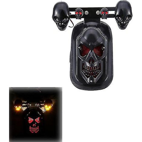 Feu arrière moto LED noir crâne chrome style custom, clignotants intégrés, signal de direction, lumière de plaque, accessoire chopper (1/5)
