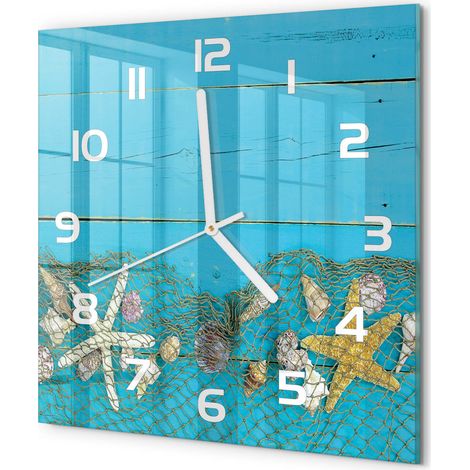 Horloge Murale Carrée Design Original Verre Silencieuse Déco Maison Étoiles de mer et coquillages 30x30 cm (1/5)