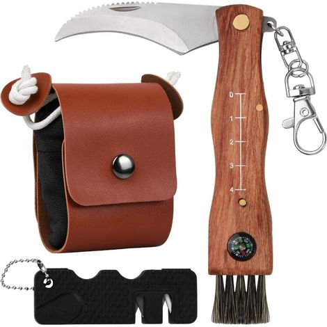 Couteau à champignons avec brosse, boussole et pochette, couteau pliant acier inoxydable, noir