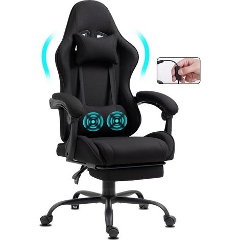 Chaise Gaming en tissu avec repose-pieds et massage noir (1/5)