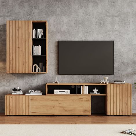 Ensemble de 2 Meuble TV avec vitrine suspendue - Banc télé avec étagères et 4 portes de rangement, longueur adjustable 174 - 265 cm, pour TV jusqu'à 80 pouces, couleur bois (1/5)