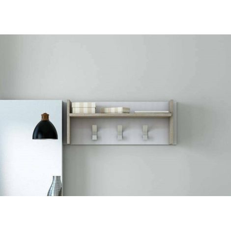 Dmora Muebles de entrada Narciso, Perchero con 3 ganchos, Estante de almacenamiento de pasillo, 100% Made in Italy, Cm 90x29h34, Blanco y Roble, con embalaje reforzado (1/5)