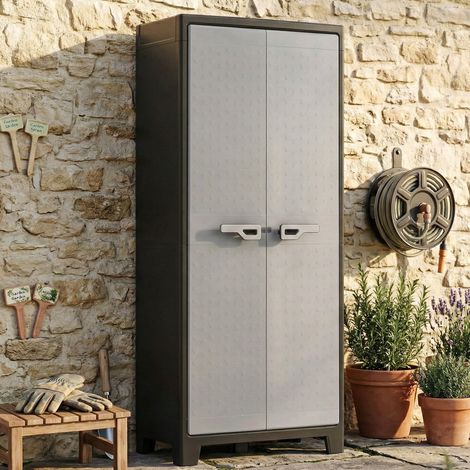 Dmora - Armario exterior Oshawa, Mueble para exteriores, Mueble de jardín multiusos, Contenedor para balcón o garaje, Made in Italy, 80x44 h182 cm, Gris (1/5)