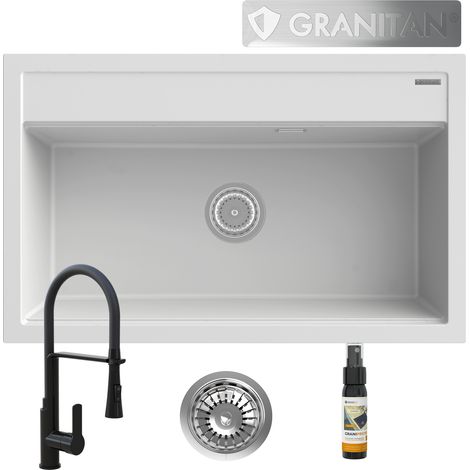 ÉVIER EN GRANIT GRAND BOL CHOIX DE COULEURS ROBINET NOIR SIPHON ASTI (1/5)