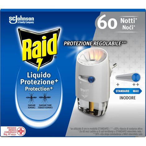 Raid Liquido Elettrico Protezione+ Antizanzare Comuni e Tigre, Inodore, Protezione Regolabile, Confezione da 1 Diffusore e 1 Ricarica 36ml, 60 Notti (1/5)