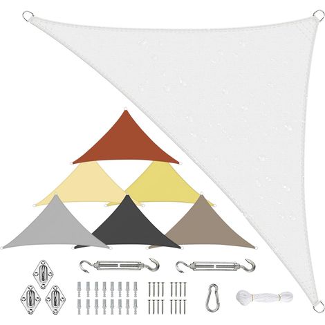 Voile d'ombrage triangulaire imperméable, plusieurs tailles et couleurs, en polyester PES 95 % de protection UV, résistant aux intempéries, indéchirable, avec kit de fixation pour terrasse (1/5)