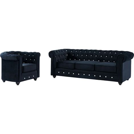 Canapé 3 places et fauteuil CHESTERFIELD - velours noir et boutons effet cristal (1/5)