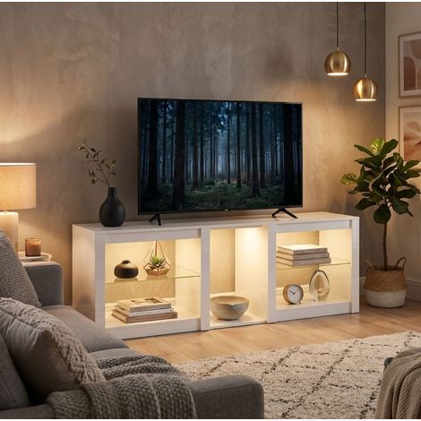 Mueble TV 160 x 35 x 52 cm con LED RGB, estantes de vidrio regulables, blanco HAVRYA (1/5)