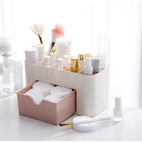 Organisateur de maquillage multifonctionnel en polypropylène à 6 compartiments avec tiroir, rose (1/5)