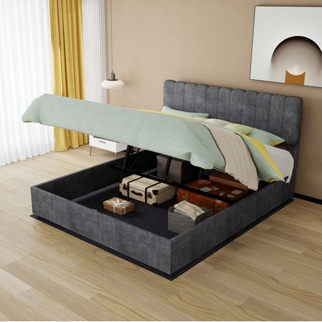 Lit adulte 160x200 cm en tissu velours gris, gain de place pour chambre, avec matelas FloraGrace (1/5)