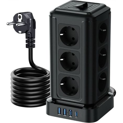 Multiprise avec Interrupteur, Tour Multiprise 12 Prises et 4 USB(3 USB-A&1 USB-C Max 5V/3.4A,Parafoudre et Surtension, 2M Câble à la Maison et au Bureau (1/5)