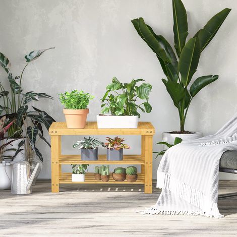 Schuhbank aus Bambus mit Sitzfläche und 2 Ablagen für 6 Paar Schuhe, geeignet für Eingangsbereich, Wohnzimmer und Schlafzimmer, 70 x 28 x 45 cm, Natur