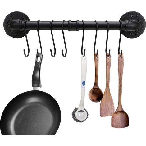 40 cm Industrieller Utensilienhalter mit 8 Haken – Wandhalterung für Küchenutensilien, Deckel und Handtücher